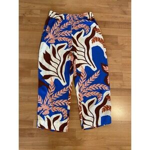 H&M Leaf‎ Print Pants Size M Linen Viscose Blend Elastic Waist Beachy Coastal
